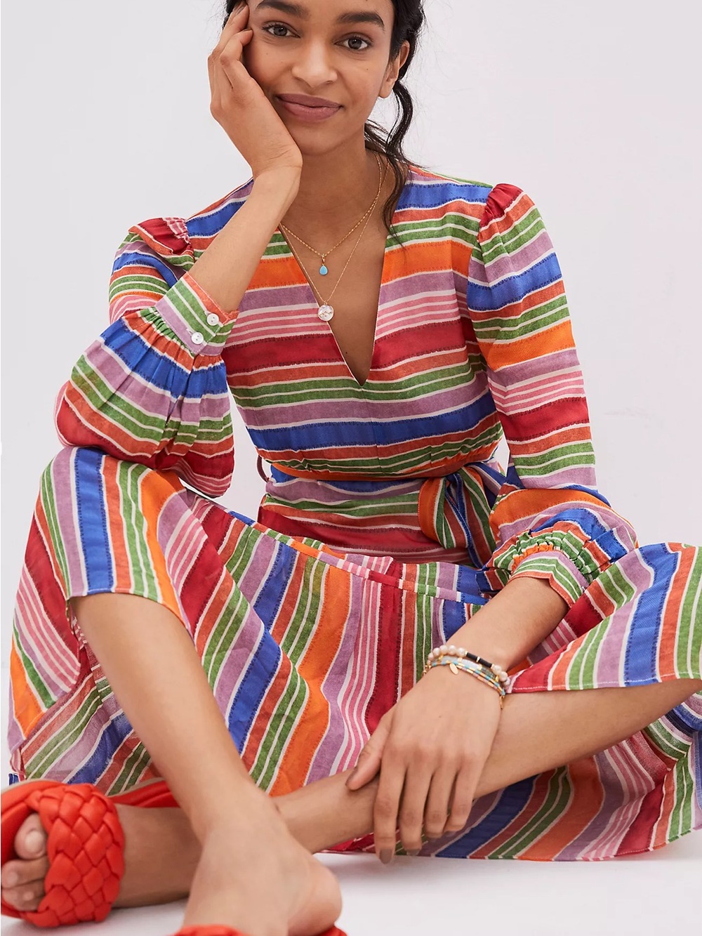 Striped Multicolor V-Neck Midi Dress